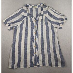 KORI AMERICA - WOMEN'S BLUE & IVORY/WHITE STRIPED BOHO BOHEMIAN TOP - SIZE M